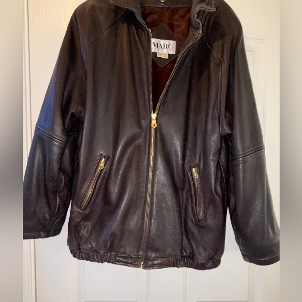 Marc New York Men's Dark Brown Leather Bomber Jacket with Gold Zippers